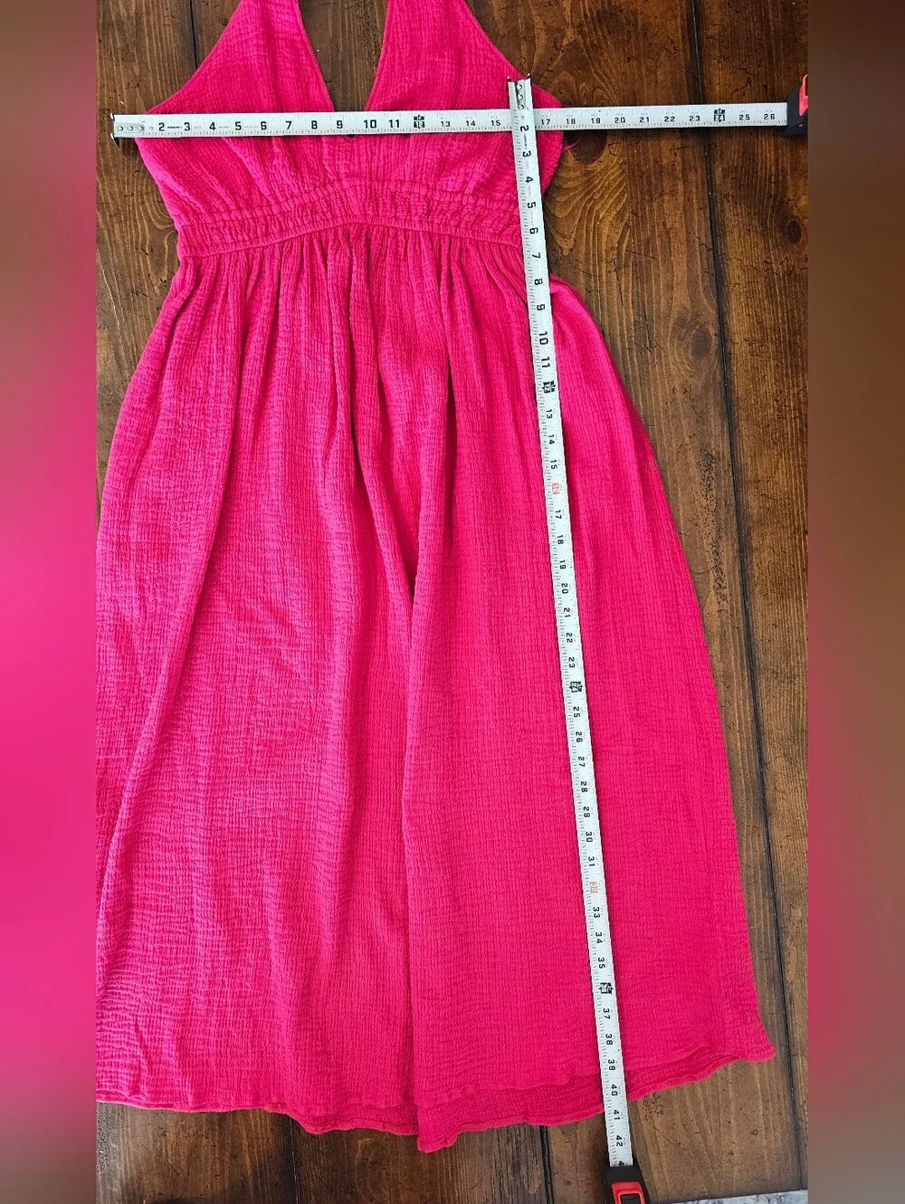 Steve Madden Cotton Gauze Pink Cranberry Halter V-Neck Midi Dress Women's Sz Med - Picture 10 of 11